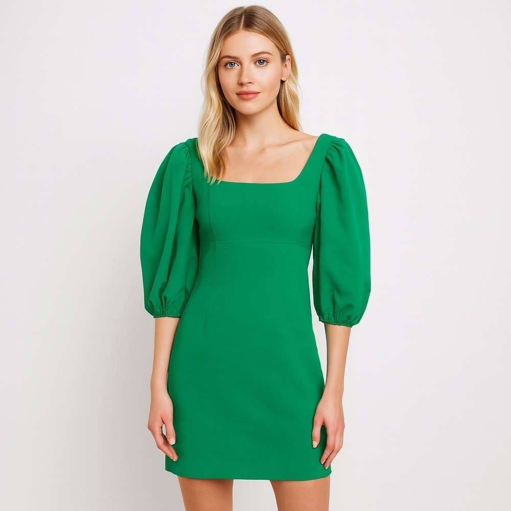 NWT Mac Duggal Square Neck Balloon Sleeve Mini Dress Green 2 Emerald #7974
